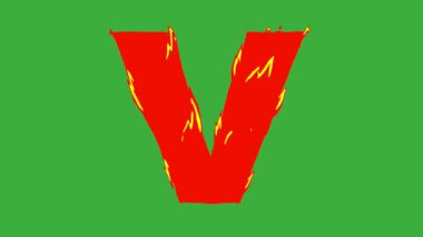 Yeşil ekran arka planında ateş alfabesi harflerinin çizgi film animasyonu video döngüsü