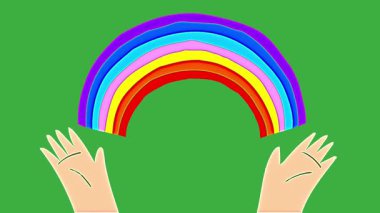 Gökkuşağı ile animasyon video karikatür el, yeşil ekran arka planı üzerinde hareket