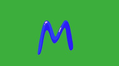 Animasyon video çizgi film sıvı harf M logosu yeşil ekran arka planında hareket ediyor