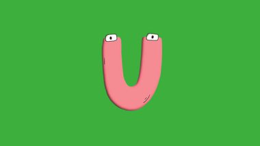Animasyon video sevimli çizgi film harfi U logosu yeşil ekran arkaplanı üzerinde hareket ediyor