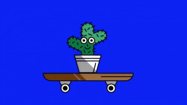 Animasyon video simgesi kaktüsü mavi ekran arka planında kaykay oynuyor