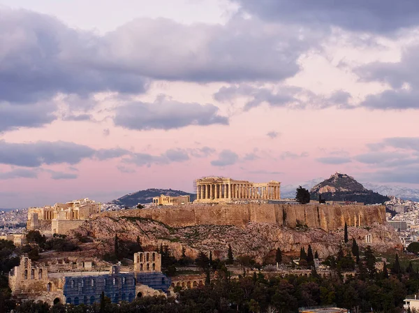 Templo Partenón Durante Hora Dorada Colina Acrópolis Atenas Grecia —  Fotos de Stock