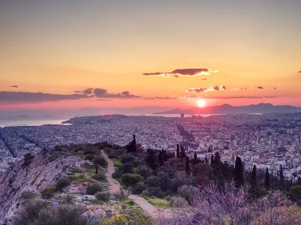 Zachód Słońca Atenach Widok Miasto Obrazowanie Wysokim Zakresie Dynamicznym Grecja — Zdjęcie stockowe