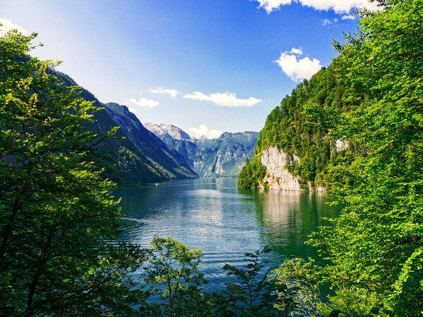 High angle view of lake Konigssee landscape in Bavaria, Germany 