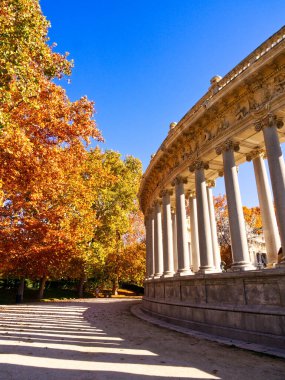 Sonbahar ağaçlarıyla dolu kamu parkında Colonnade, Retiro Park, Madrid, İspanya 