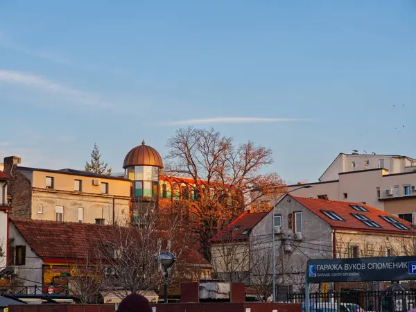 Belgrad, Sırbistan - 11 Ocak 2025: Çeşitli mimari, sonbahar ağaçları ve gün batımında kendine özgü kubbeli bir yapıya sahip kentsel ufuk çizgisi