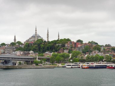 İstanbul 'da Süleyman Camii' nin İstanbul Boğazı 'nda bulunan tarihi siluetinin manzarası.