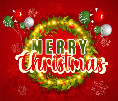 Çelenk, top ve mum vektör illüstrasyonlu mutlu noeller.