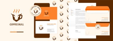 bull head coffee cup logo design template with coffee smoke, suitable for tea stall, tea shop or cafe. Including a business card, letterhead, pattern, envelope, sticker