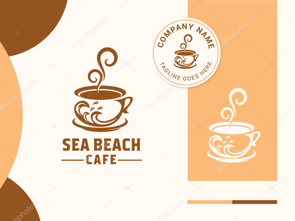 Coffee cup or tea cup logo design template for sea beach coffee shop, cafe.