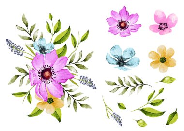 Güzel bir buket izole çiçek ve suluboya resim tarzında yapraklar