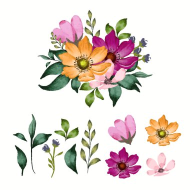 Floral bouquet with isolated flowers and leaves painted with watercolor clipart