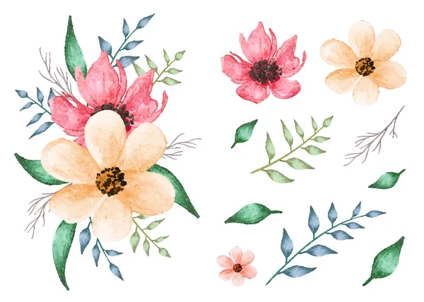 Акварель Весной Натуральные Цветы Набор Листьями Изолированном Фоне — стоковый вектор