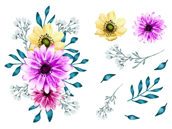孤立したダリア デイジー アネモネの花と葉で描かれた水彩花の花束 — ストックベクタ