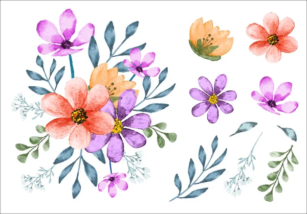 Aquarell Blumenstrauß Mit Isolierten Blättern Für Blumenrand Und Einladungskarte — Stockvektor