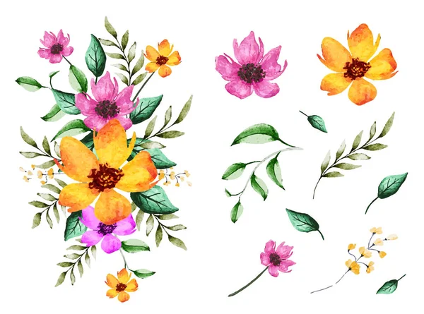 Цветочный Букет Акварели Окрашенный Изолированными Цветами Листьями — стоковый вектор