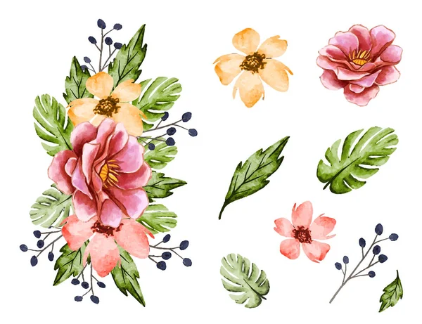 春天的自然花卉花束 与孤立的花朵和树叶在水彩画风格 — 图库矢量图片