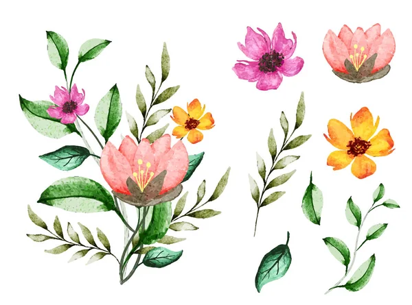 Коллекция Весенних Цветов Листьев Цветочным Букетом — стоковый вектор
