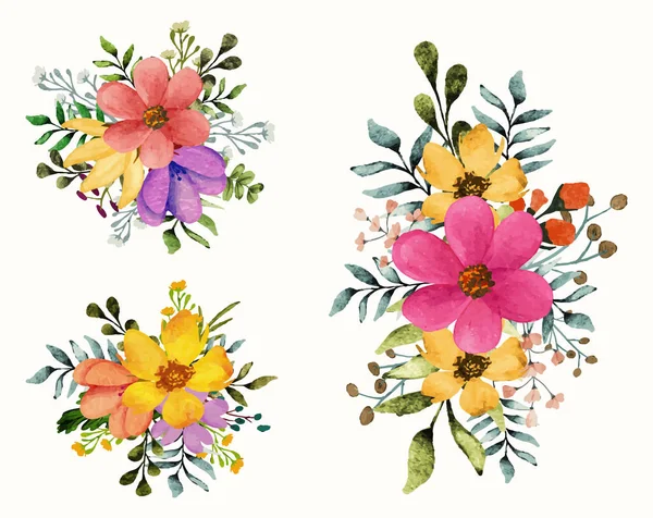 Набор Акварельных Цветочных Букетов Цветами Листьями Оформления Открытки — стоковый вектор