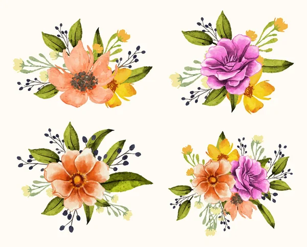 Υδατογραφία Φυσικό Floral Μπουκέτο Μεμονωμένα Λουλούδια Και Φύλλα — Διανυσματικό Αρχείο