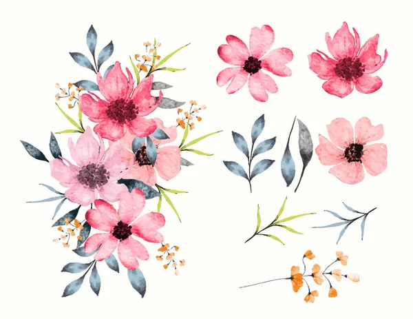 Pastell Aquarell Blumen Und Blätter Kollektion Mit Strauß — Stockvektor