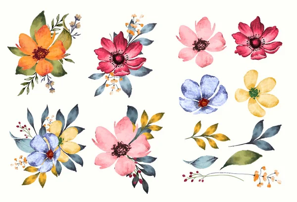 Σύνολο Από Λουλούδια Ακουαρέλα Και Φύλλα Απομονωμένο Κλιπ Art — Διανυσματικό Αρχείο