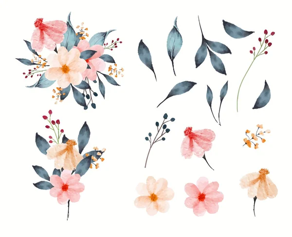 Набор Акварельных Цветов Листьев Коллекции Букетом — стоковый вектор