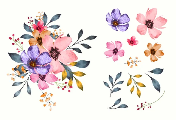 独立的水彩花和带有花束的叶子 — 图库矢量图片