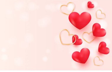 Romantik sevgililer günü arkaplanı ve parıltılı 3d kırmızı ve altın kalpli pankart tasarımı, izole sevgililer günü poster, sosyal medya, web sitesi, promosyon ve alışveriş şablonu için kopya alanı olan tasarım elemanları.
