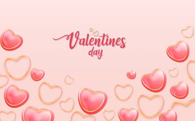 Sevgililer Günü arkaplanı ya da 3 boyutlu pembe kalp unsurları olan pankart tasarımı. Bu tamamen düzenlenebilir vektör şablonu promosyonlar, alışveriş indirimleri, Sevgililer Günü kuponları, tebrik kartları, çevrimiçi mağaza reklamları ve web reklamları için beyaz alan içerir.