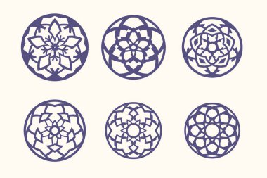 Beyaz arka planda izole edilmiş altı dairesel mandala deseninden oluşan bir koleksiyon. Bu geometrik tasarımlar, dekoratif ya da ruhani uygulamalar için mükemmel çiçek ve soyut elementler içerir. Karmaşık şablonlar klasik ve etnik bir his veriyor..