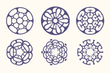 Beyaz arka planda izole edilmiş altı dairesel desenli bir koleksiyon. Bu tasarımlar soyut, geometrik ve çiçekli elementlere sahiptir, çeşitli yaratıcı projelere süs eşyası eklemek için mükemmeldir. Her tasarım eşsiz ve şık..
