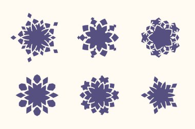 Beyaz arka planda izole edilmiş altı soyut çiçek deseninden oluşan bir koleksiyon. Bu dekoratif süsler geometrik şekiller ve antika eski stiller içerir. Arkaplan, duvar kağıtları ve grafik tasarım elemanları için mükemmel.