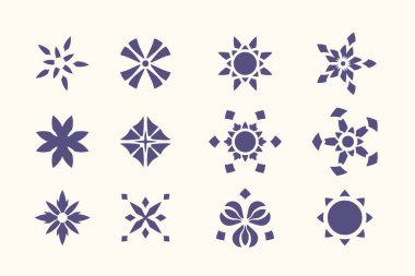 Beyaz arka planda izole edilmiş dekoratif çiçek şekilleri koleksiyonu. Bu set çeşitli geometrik çiçek desenleri içerir, herhangi bir projeye zarif bir dokunuş eklemek için mükemmeldir. Bu çok yönlü elementleri arkaplan ve desenler için kullan