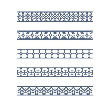 Beyaz arka planda izole edilmiş dekoratif sınır tasarımları koleksiyonu. Bu süs desenleri, tasarım projelerinize antika ya da geçmişe dönük bir dokunuş eklemek için mükemmel. Çerçeve, bölme veya grafik ögesi olarak kullanın.