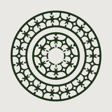 Beyaz arka planda izole edilmiş zarif koyu yeşil mandala. Bu dekoratif tasarım, çeşitli yaratıcı projelere sanatsal bir dokunuş eklemek için mükemmel dairesel bir geometrik desen içerir..