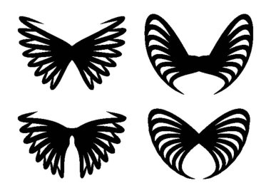 Beyaz arka planda izole edilmiş dört soyut kanat silueti, beyaz arkaplanda dört stilize edilmiş siyah kanat tasarımından oluşan bir koleksiyon, soyut, akışkan çizgiler ve tüy benzeri desenler, grafik tasarım elementleri için uygun..