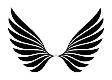 Soyut siyah kanat silueti beyaz arkaplanda izole edilmiş, bir çift soyut kanadın simetrik ve dışarı doğru yelpazelenmiş siyah ve beyaz grafiği. Kanatlar birden fazla kıvrımlı, üst üste binen tüy benzeri şekillerden oluşur..