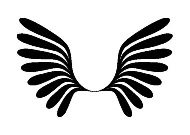 Beyaz arka planda soyut modern kanat silueti, bir çift kanadın stilize edilmiş, soyut siyah ve beyaz grafiği. Kanatlar birden fazla kıvrımlı, katmanlı tüy benzeri şekillerle simetrik olarak dışarı doğru yelken açarak tasvir edilir..