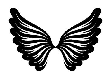 Beyaz arka planda izole edilmiş zarif kanat silueti, her iki kanadı da kıvrımlı tüy benzeri şekillerden oluşan bir çift melek kanadının stilize edilmiş siyah ve beyaz grafiği. Çeşitli tasarım uygulamaları için uygun.