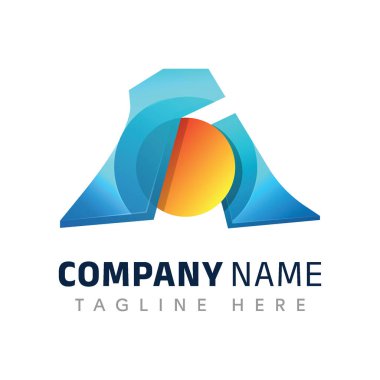 Parlak güneş ve mavi dalga elementleriyle modern soyut dağ logosu tasarımı.