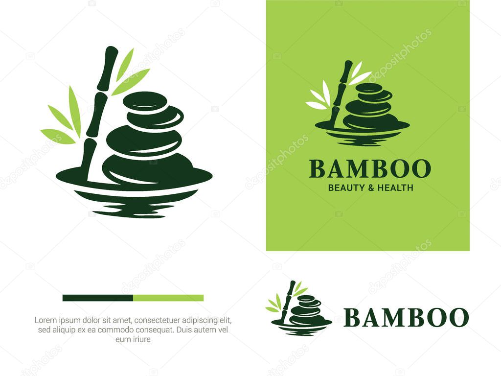 Serene spa logo; stacked stones, bamboo, and leaves. Ideal for wellness, beauty, and health businesses. Vector illustration.