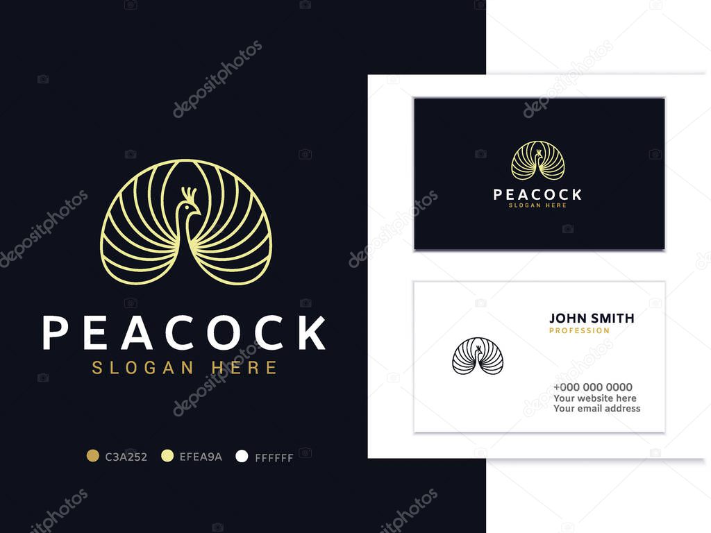A sophisticated gold peacock feather logo is presented alongside a business card mockup, showcasing branding on a dark, luxurious backdrop.