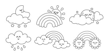 Hava durumu ikonu seti, güneş ve bulutlar, ay ve yıldız, gökkuşağı ve çiçek. Doğrusal el iklim meteorolojik bilgi işareti çizdi. Komik renklendirme sayfası