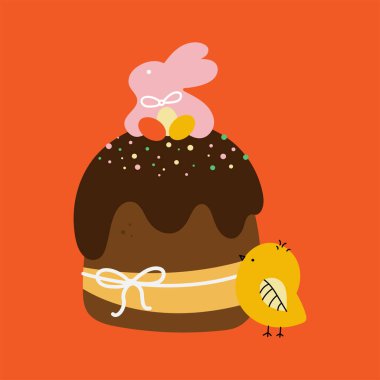 Paskalya pastaları pembe bir tavşanla süslenir. Kek, pasta, paskalya sembollü tatlı. Sevimli sarı piliç. Parlak bir arkaplanda vektör illüstrasyonu