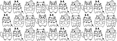 Doodle kedileri kusursuz desen. Siyah beyaz şirin bir arka plan. Boyama, ambalaj, baskı, kumaş ve tekstil için harika. Vektör illüstrasyonu