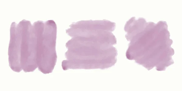 Tres Manchas Color Púrpura Acuarela Aisladas Sobre Fondo Blanco Mano — Vector de stock