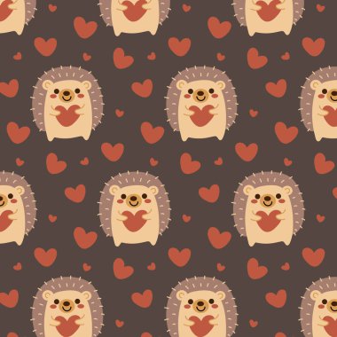 Şirin kirpinin kusursuz deseni ve düz vektör tarzında koyu arka planda kalp. Neşeli arkaplan, duvar kağıdı