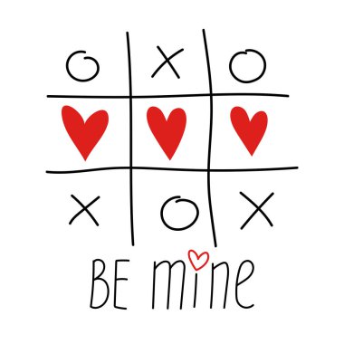 Tic tac toe oyunu, çapraz çapraz ve kırmızı kalp işareti XOXO. El yapımı fırça. Çizgi çizgisi. Benim ol. Sevgililer Günü kartının düz dizaynı izole edildi. Beyaz arka plan. Vektör illüstrasyonu