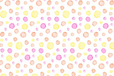 Vektör suluboya dokusu. Aquarelle pastel renklerde daireler çiziyor. Kusursuz desen. Beyaz arka planda izole edilmiş suluboya pembe ve sarı lekeler.